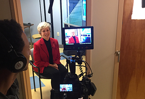 photo of Vice Dean Margaret Graham being recorded for the AACN-TV video